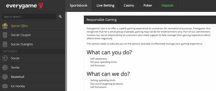 A screenshot of the responsible gambling section at Everygame, a top HI online betting site